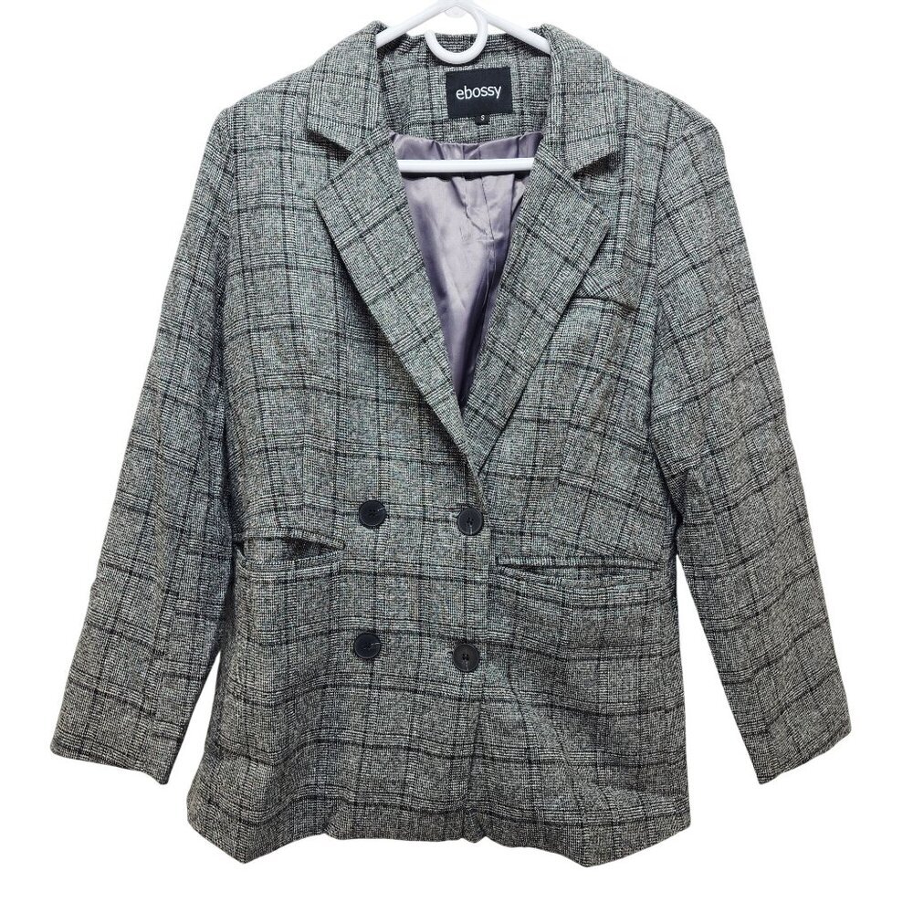 Ebossy Womens Plaid Blazer Jacket Grey & Black Double Breasted Size S